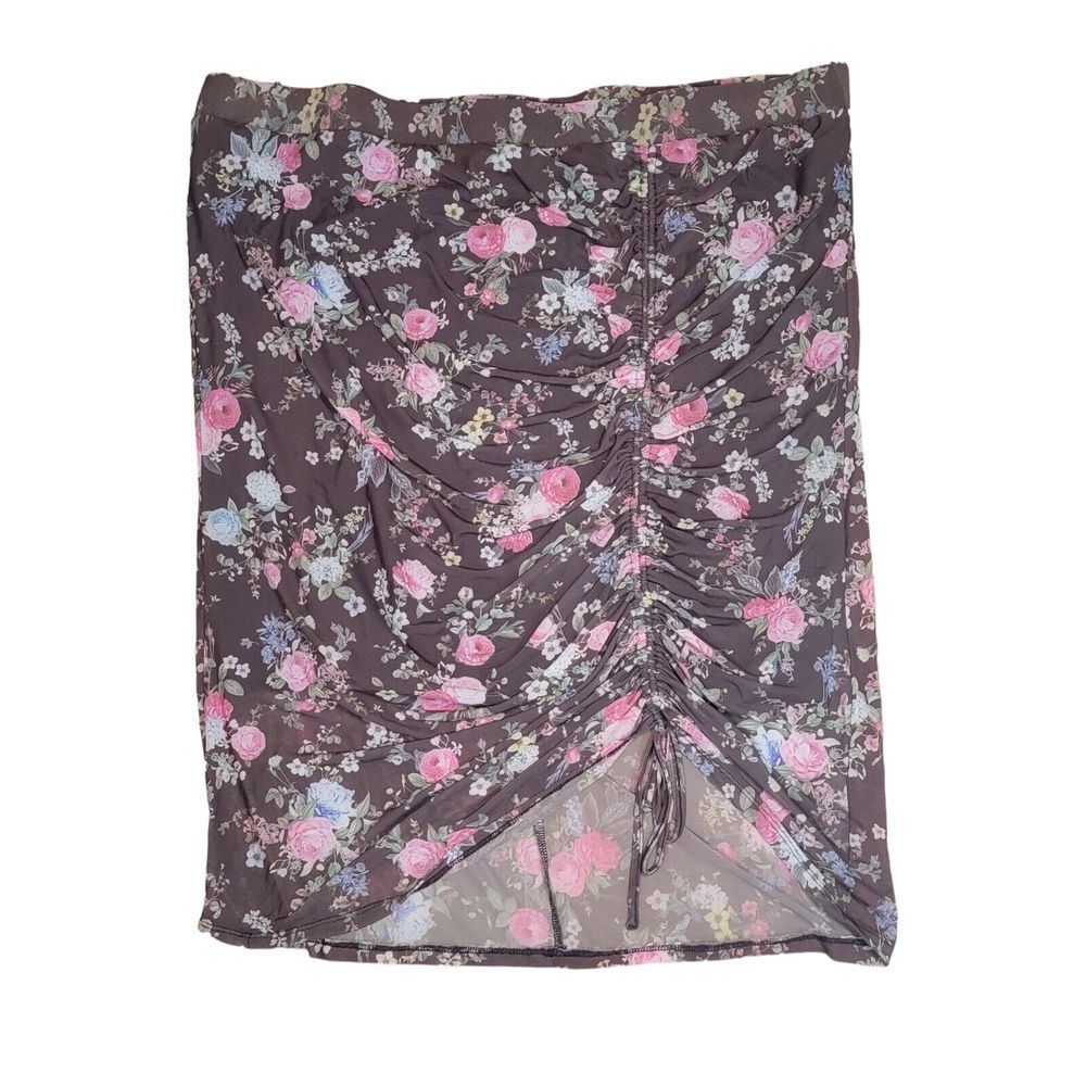 Torrid Plus Size 4 Brown Floral Ruched Pencil Skirt Knee-Length Chiffon